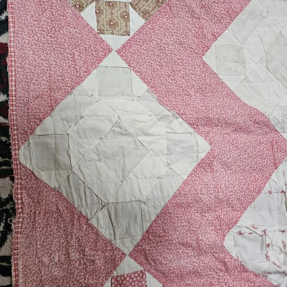 Vtg Hand pieced patchwork quilt 80X80 Chimney sweep design damage stains READ